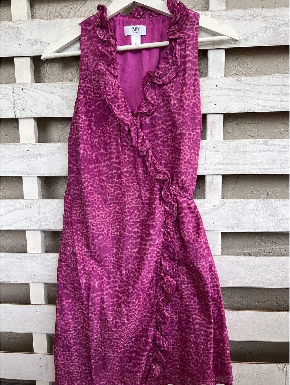 Ann Taylor LOFT Ruffle Wrap Dress Pink Purple Cheetah Animal Print Sz S Petite.